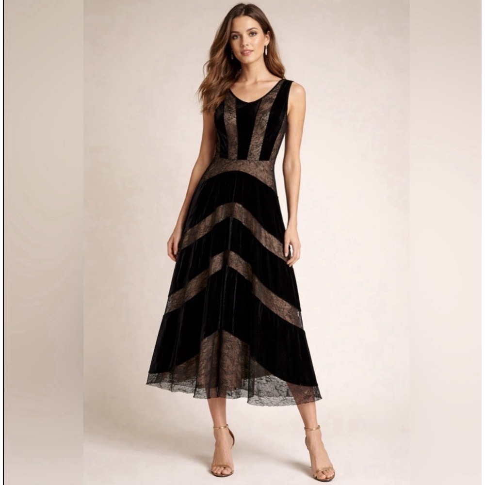 Tracy Reese Black Velvet Midi Dress with Brown Lace Insets